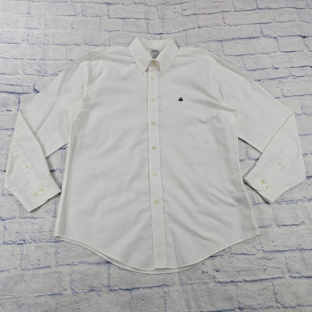 Brooks Brothers Button Down Shirt MENS L White Cotton non Iron Logo Dress Top